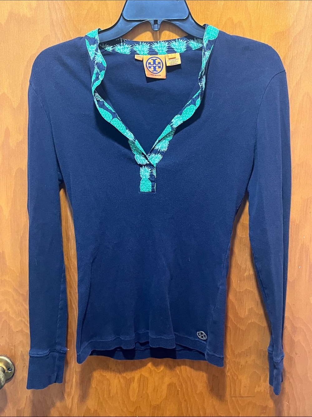 Tory Burch Navy Long-Sleeve V-Neck Top with Pineapple Trim